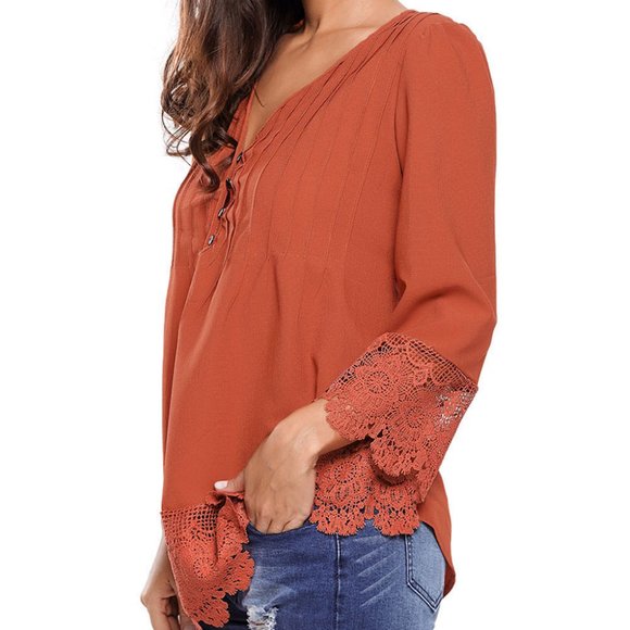 Boho Button Up Sleeved Blouse With Lace Detail - Picture 3 of 3